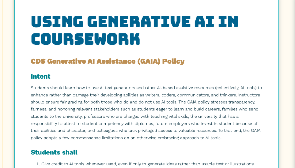 Screenshot of the Generative AI Assistance Policy, created by BU students and adopted by the Faculty of Computing and Data Sciences